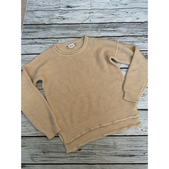 Pink Rose Sweaters - Pink Rose Womens Tan Waffle Knit Sweater Crew Neck High Low Hem Small